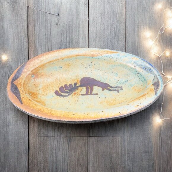 Vintage Hand Made Stoneware Oval Dish Plate Trinket Dish Holder Folk Art Signed - Picture 1 of 13